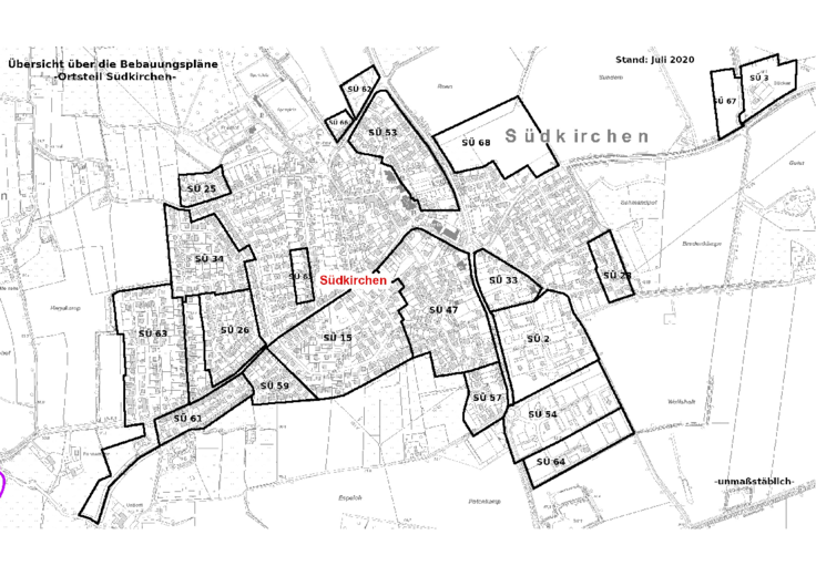 Eine Karte mit den Bebauungsplänen im Ortsteil Südkirchen
